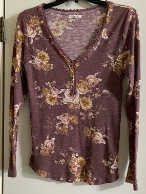 Maurices Women's Mauve Floral Henley Long-Sleeve Top